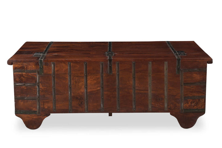 Vintage Wooden Storage Chest Coffee Table with handcrafted bohemian design, showcasing reclaimed wood and aged metal details.