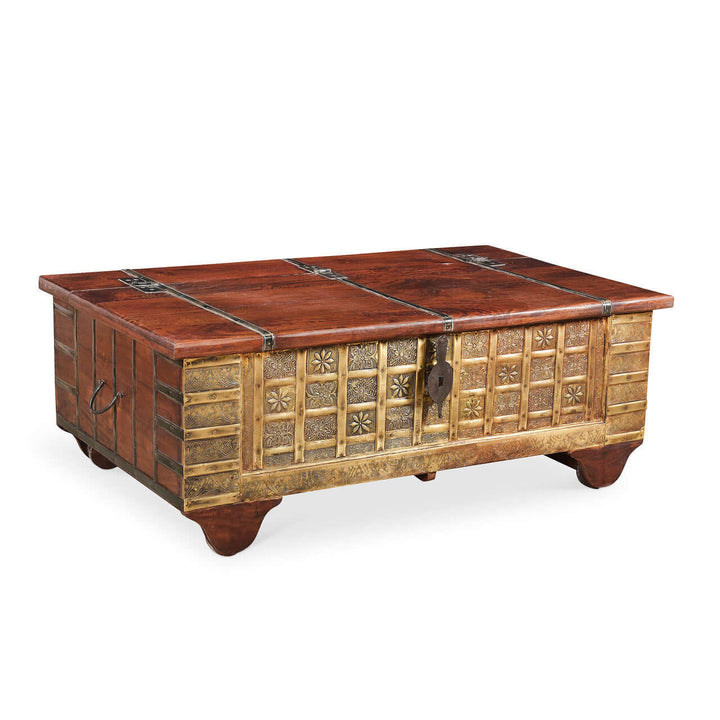 Vintage Wooden Storage Chest Coffee Table with handcrafted bohemian design, reclaimed wood, and aged metal details.