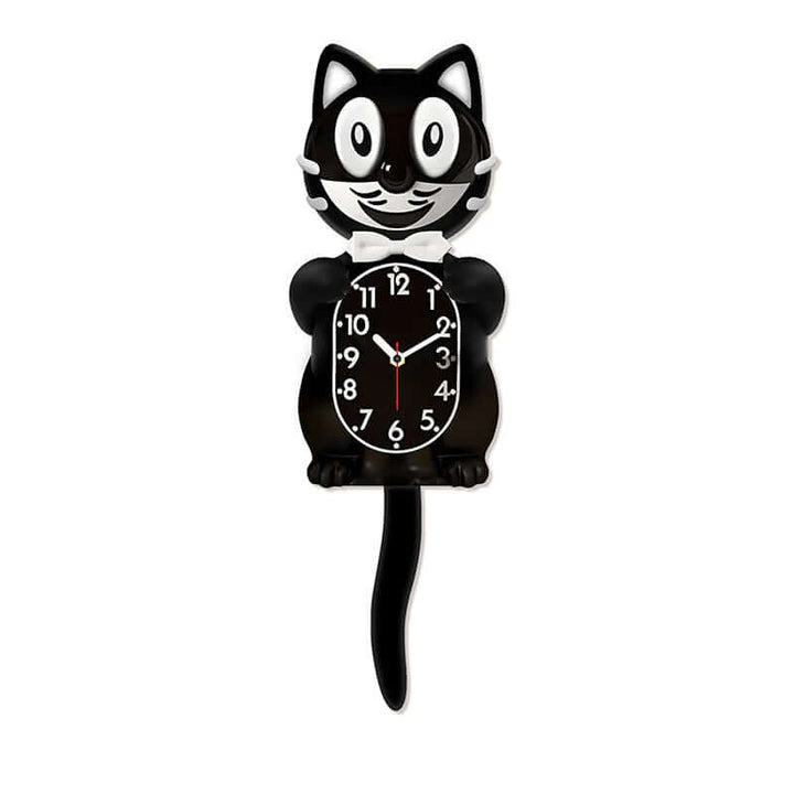 Black cat-shaped clock with a white bow tie on a white background