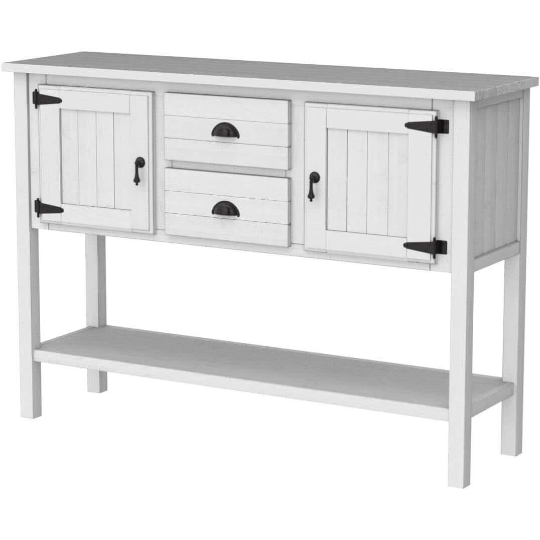 White console table with black handles on a white background
