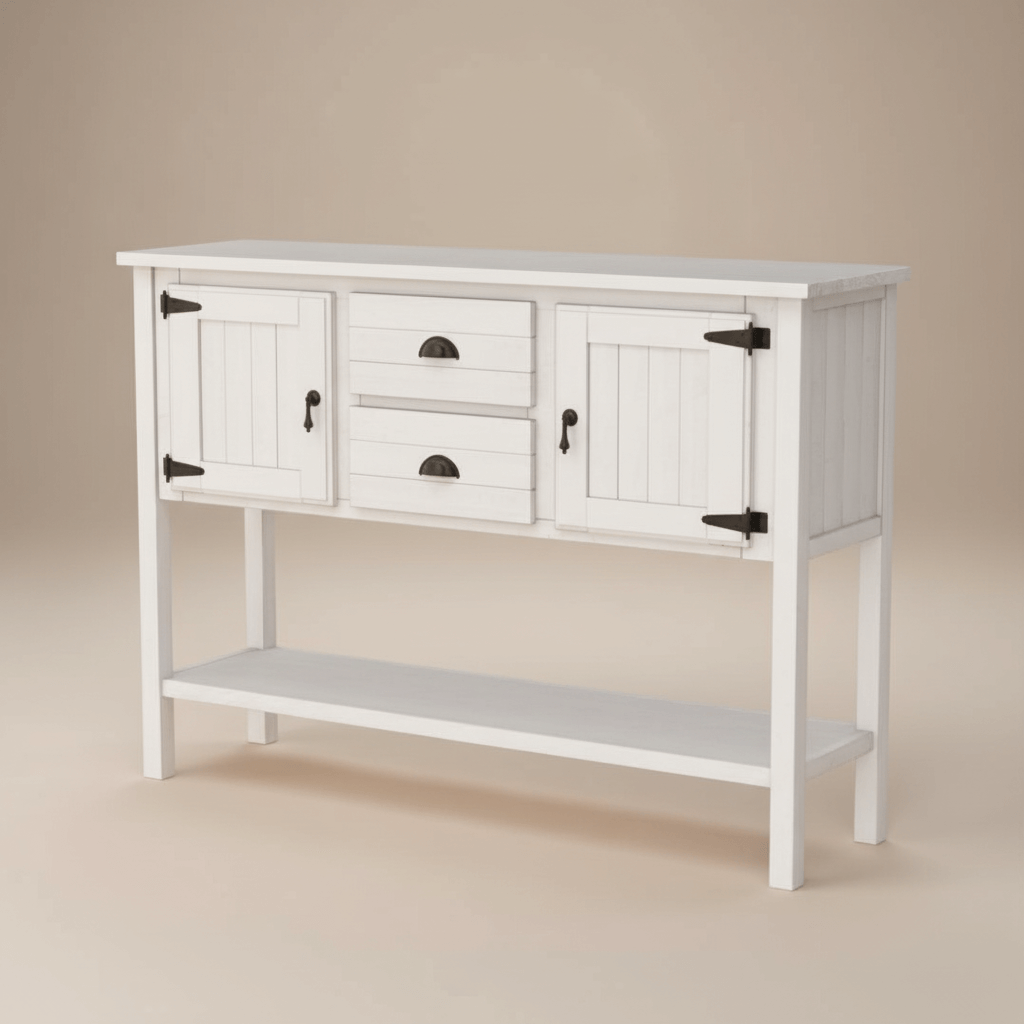 White console table with black hardware on a beige background