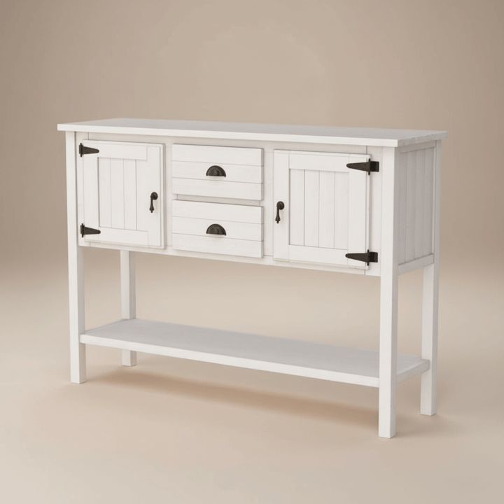 White console table with black hardware on a beige background