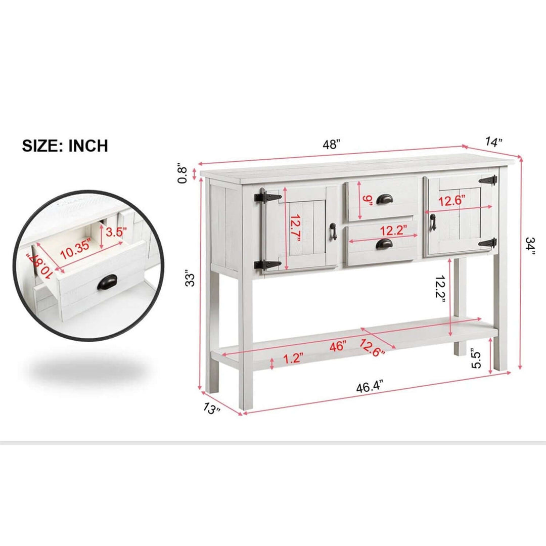 White console table with dimensions labeled in inches on a white background