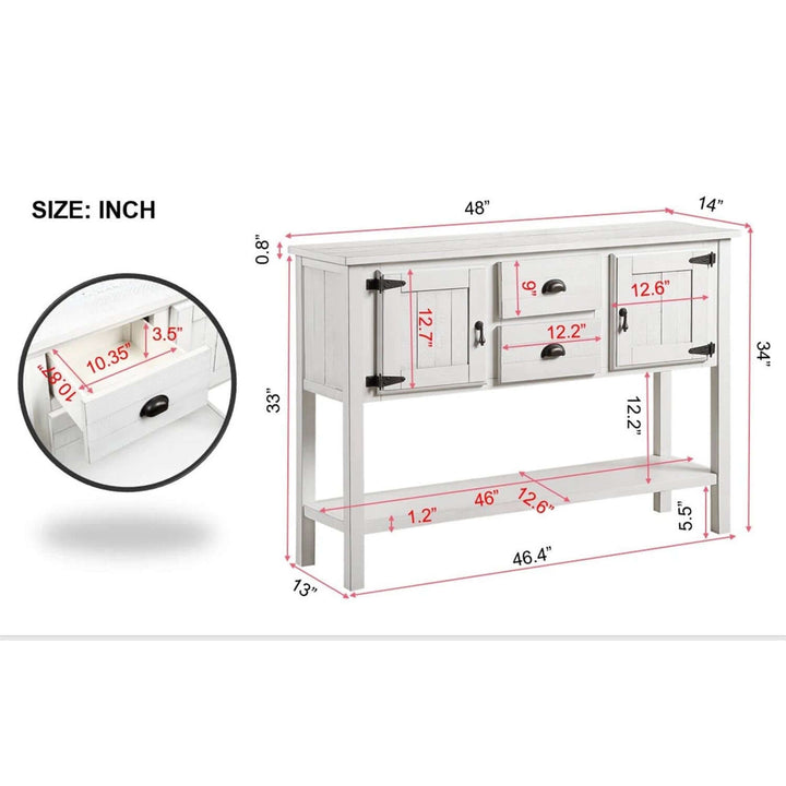 White console table with dimensions labeled in inches on a white background