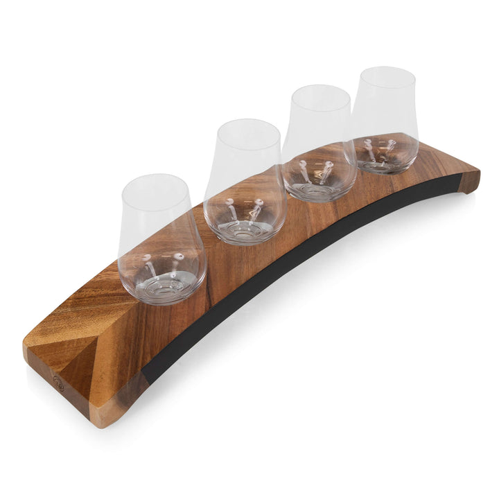 Wooden drink tasting tray with five glass holders on a white background