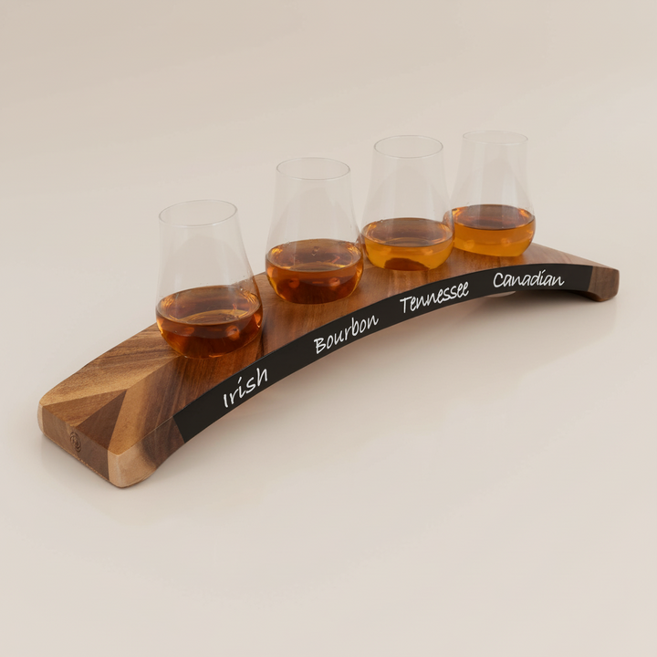 Wooden whiskey tasting set with four glass samples labeled 'Irish', 'Bourbon', 'Tennessee', and 'Canadian' on a white background.