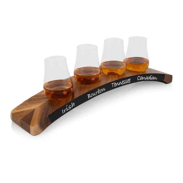 Wooden whiskey tasting set with four glass compartments labeled 'Irish', 'Bourbon', 'Tennessee', and 'Canadian' on a white background.