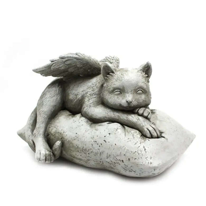 Angelic Cat Memorial Statue with wings, resting on a cushion, ideal for pet remembrance and honoring beloved cats.