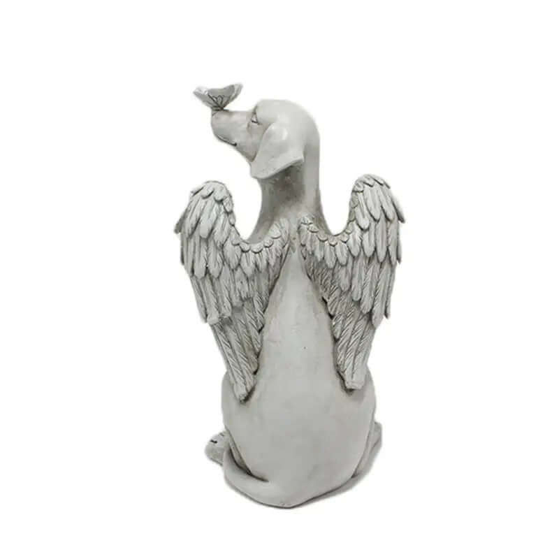 Angelic Dog Memorial Statue featuring a dog with angel wings gazing at a bird, honoring cherished pet memories.