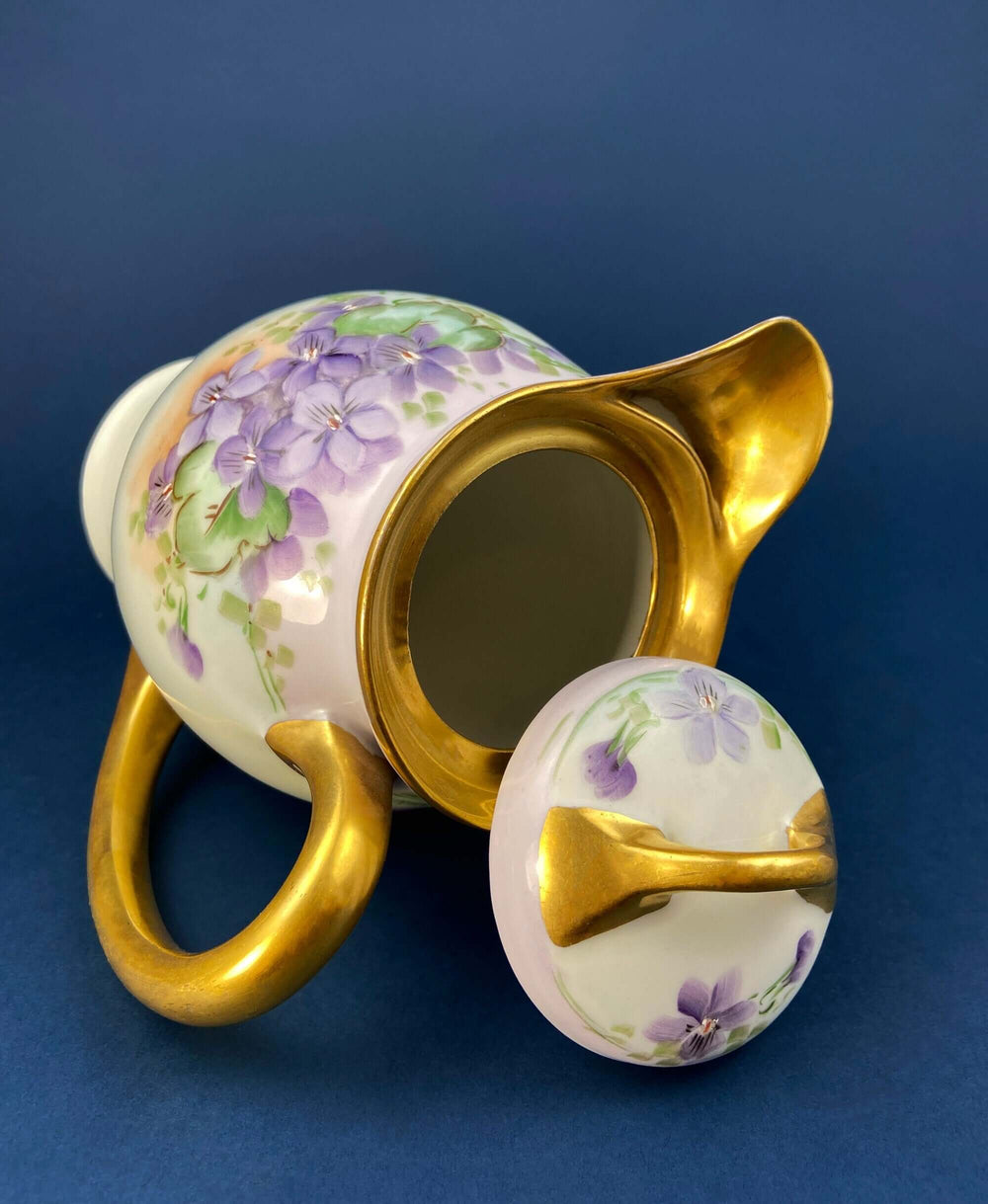 Antique Bavarian Coffee Pot. UNO Favorite, European Porcelain with Hand-Painted Violets. Fine Collectible China.