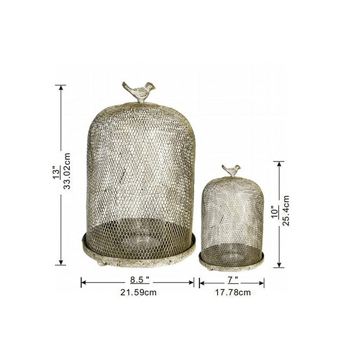 Two mesh-covered candle holders with bird figurines on a white background, showing measurements.