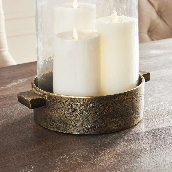 Antique Brass Hurricane Candle Holder with Hammered Glass closeup