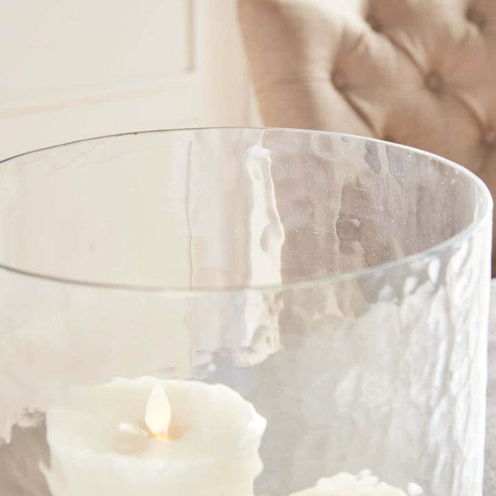 Antique Brass Hurricane Candle Holder with Hammered Glass closeup of glass