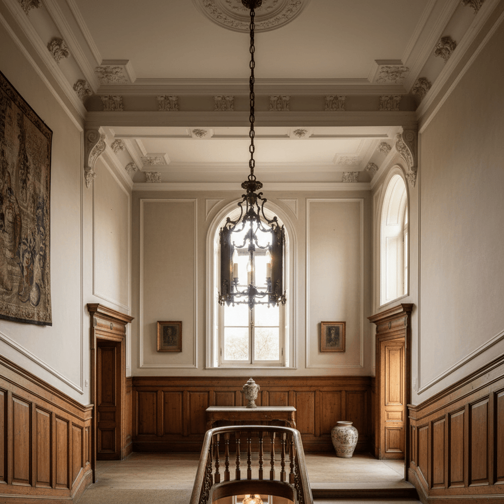 Lantern Chandelier hanging in grand hallway with ornate ceiling, large window, and wooden paneling.