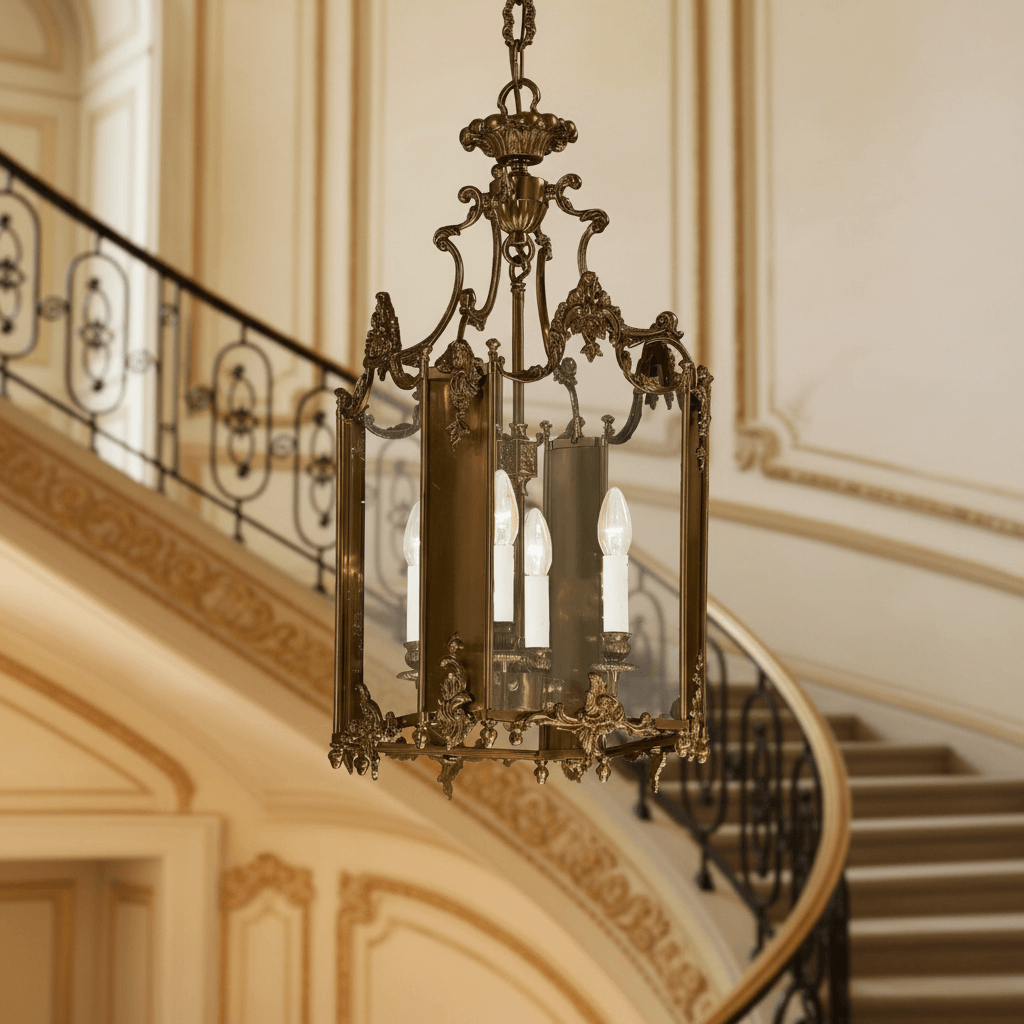 Decorative chandelier hanging in a staircase with ornate walls and railing.