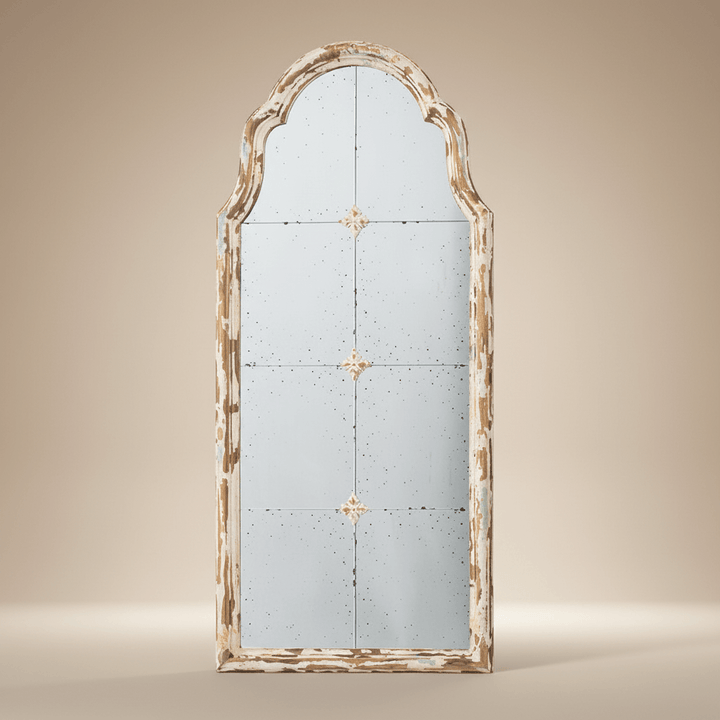 Antique Cream & Gold Arched Wall Mirror with French Country design in cream and gold finish.