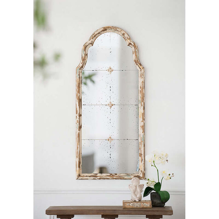 Antique Cream & Gold Arched Wall Mirror with French Country design, soft hues, and paneled elegance, ideal for vintage interiors.