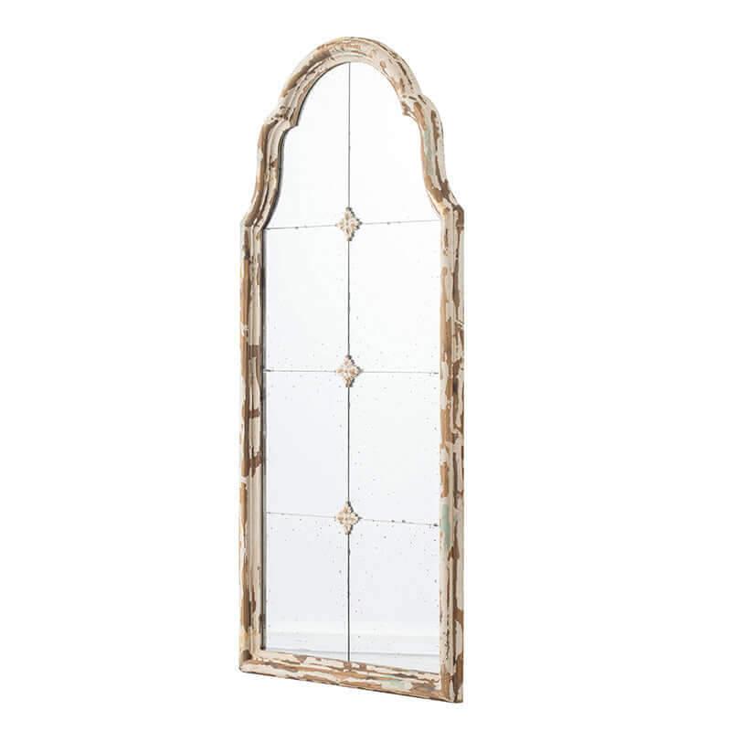 Antique Cream & Gold Arched Wall Mirror with French Country design and paneled detailing.