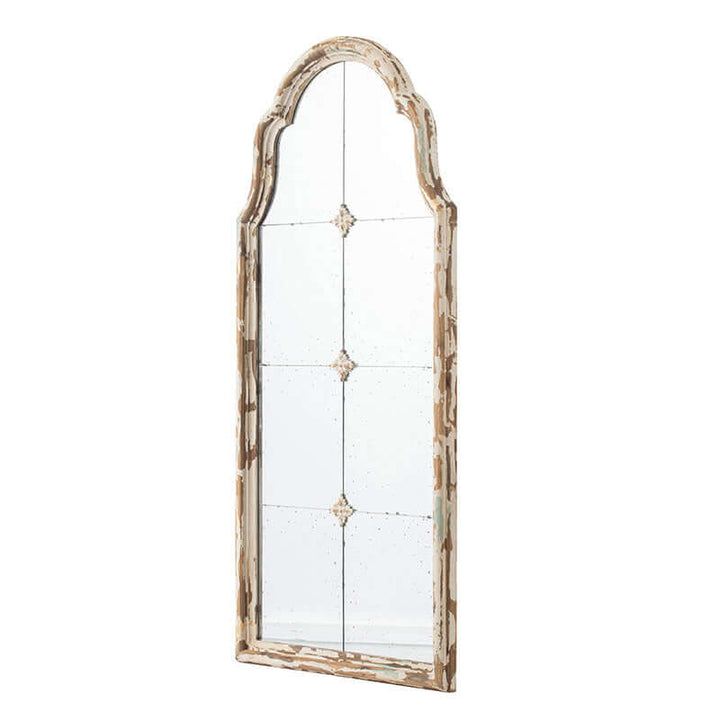 Antique Cream & Gold Arched Wall Mirror with French Country design and paneled detailing.