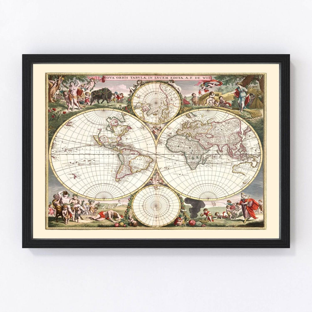 Framed vintage-style world map on a white background