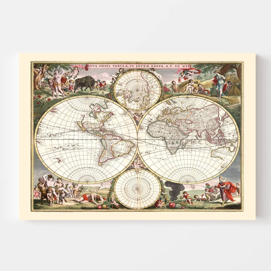 Vintage world map with decorative elements on a white background