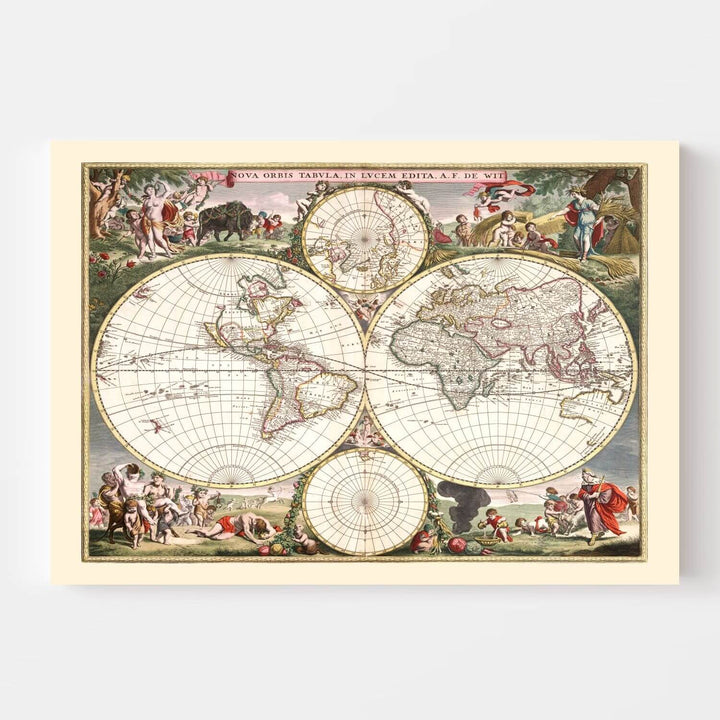 Vintage world map with decorative elements on a white background