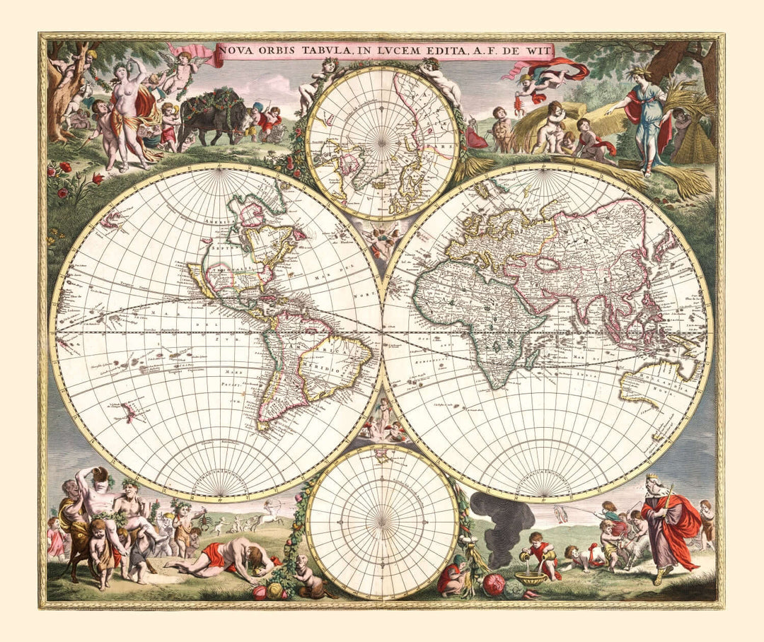 Vintage world map with decorative elements and people around the continents