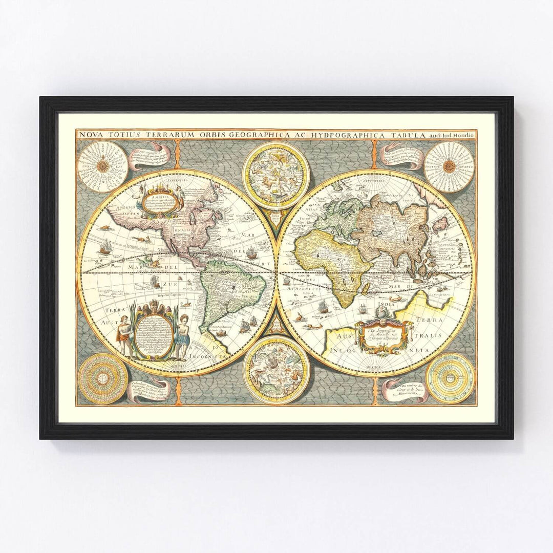 Framed vintage world map on a white background
