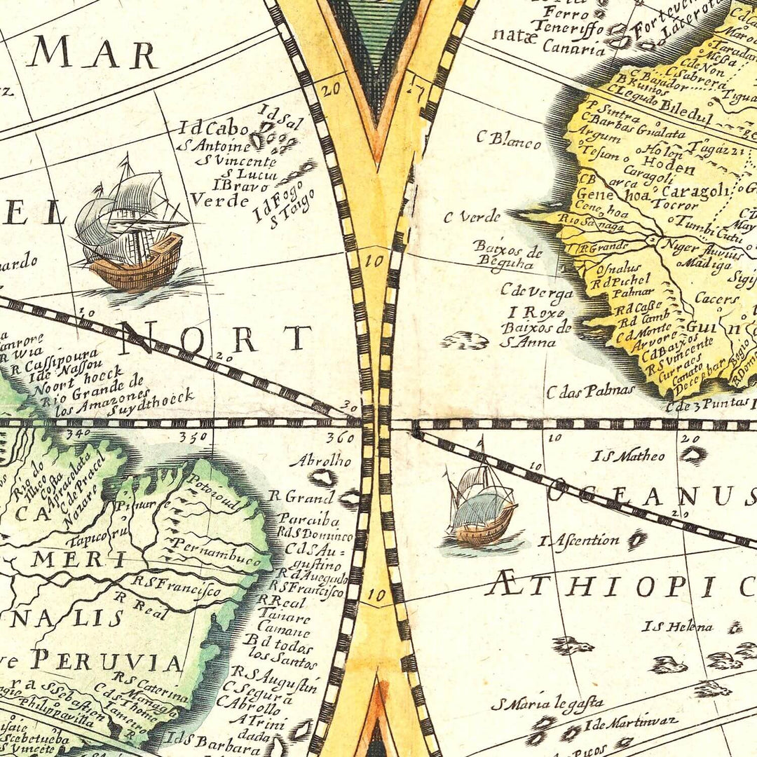 Vintage map with navigational instruments and ship illustrations