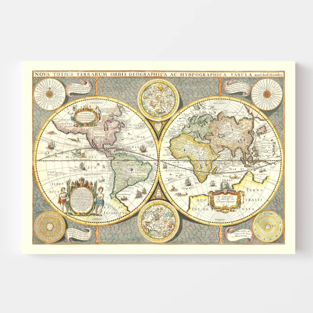 Vintage world map with detailed geographical and cartographic elements.