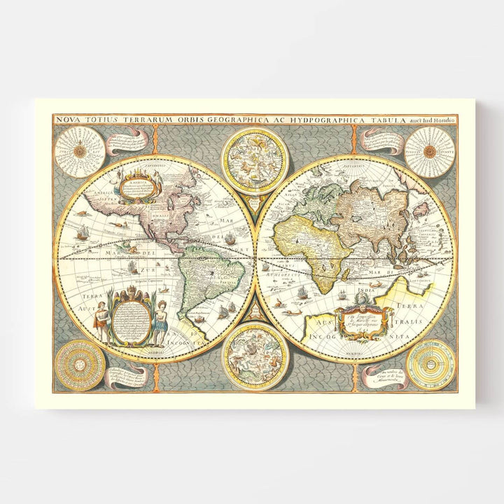 Vintage world map with detailed geographical and cartographic elements.