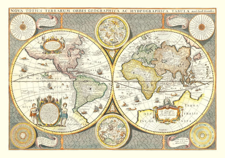 Vintage world map with detailed geographical and cartographic elements.