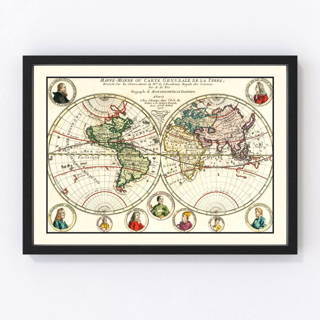 Framed vintage world map on a white wall