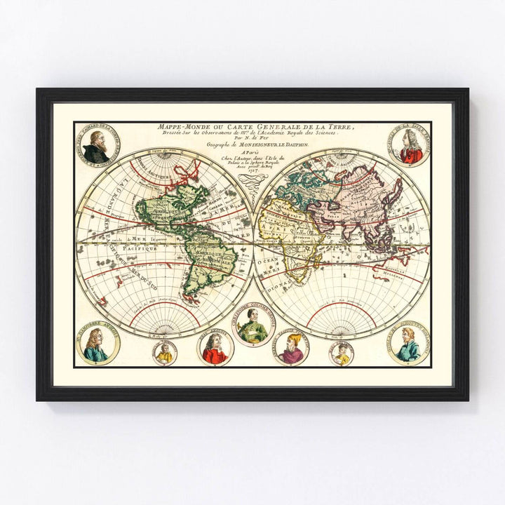 Framed vintage world map on a white wall