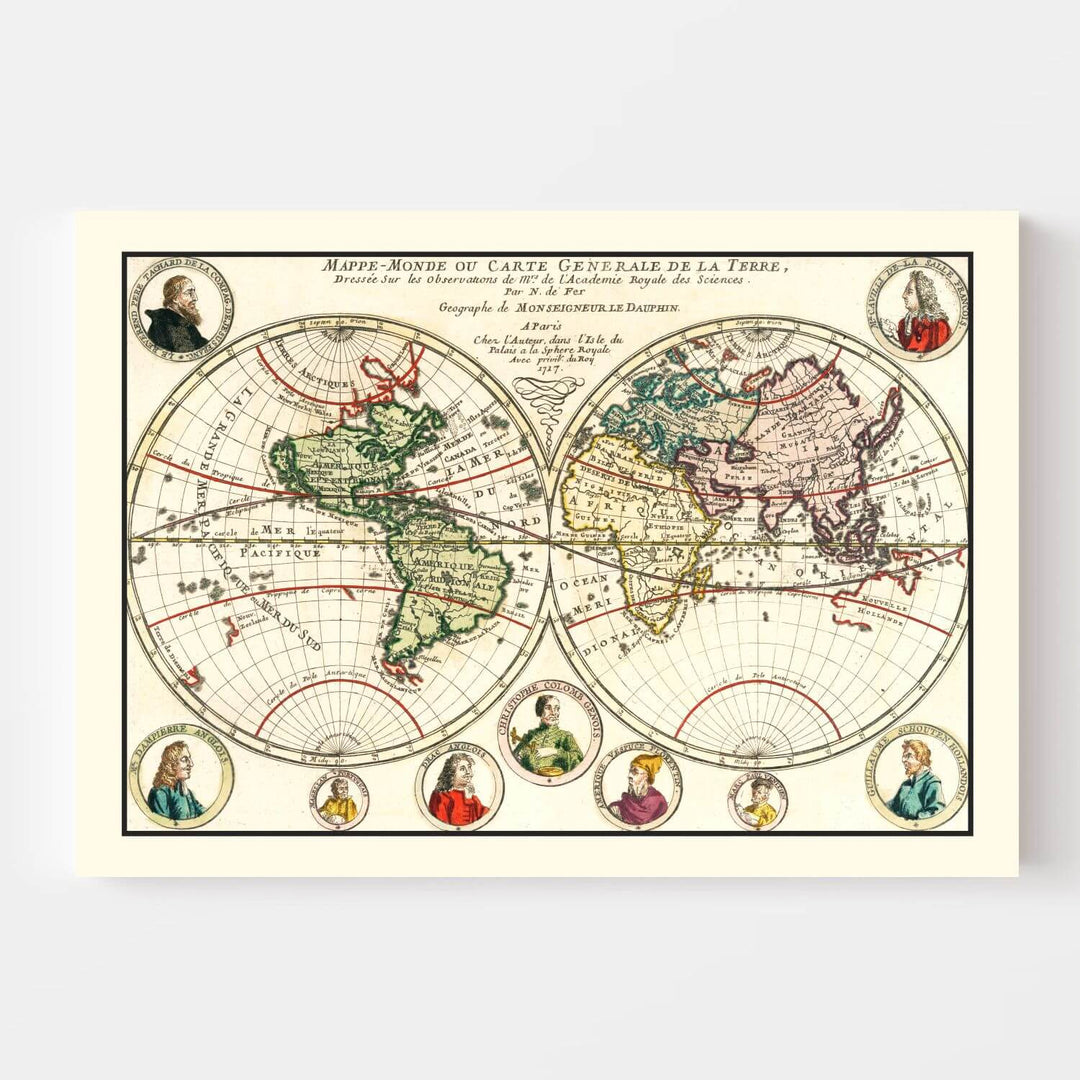 Vintage world map with circular design on a white background