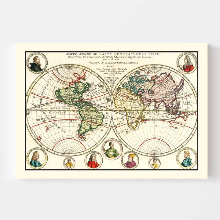 Vintage world map with circular design on a white background