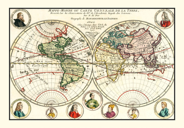 Vintage world map with circular design and portraits around the edges