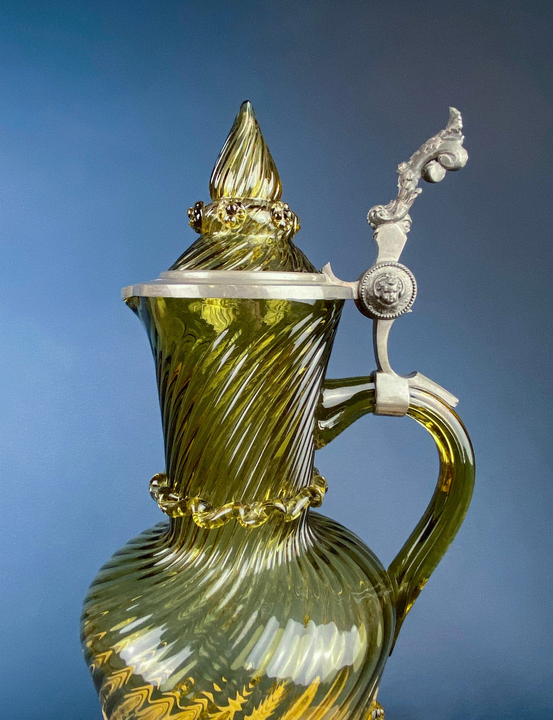 Antique Olive Green Glass Pitcher with Pewter Details