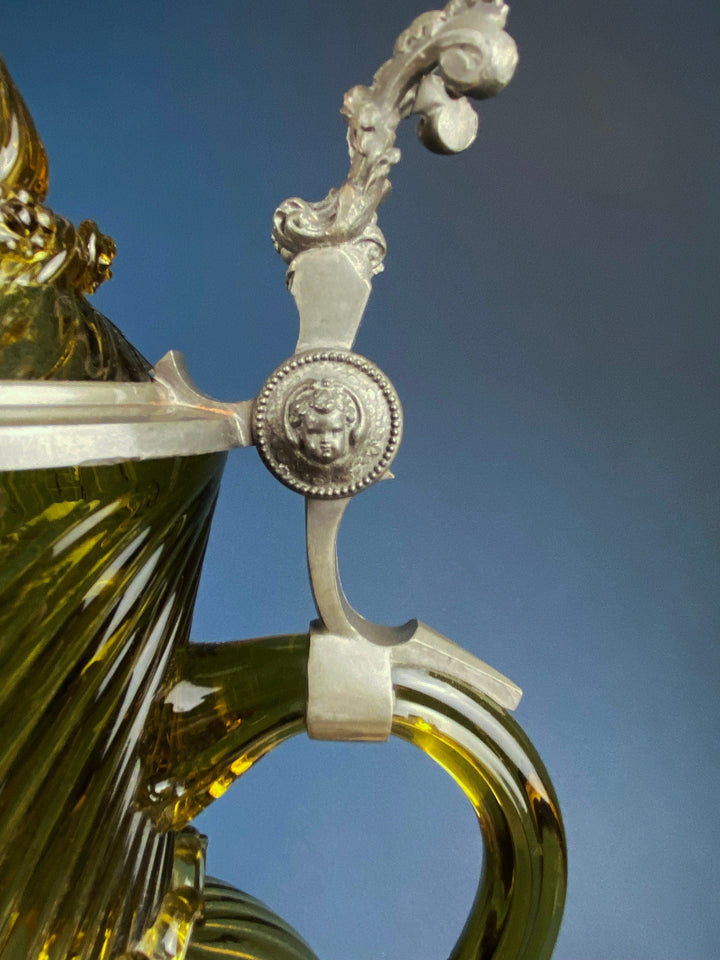 Antique Olive Green Glass Pitcher with Pewter Details