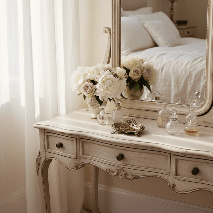 Antique Gold Baroque Jewelry Dish on an antique vanity in front of a mirror with flowers and perfume bottles