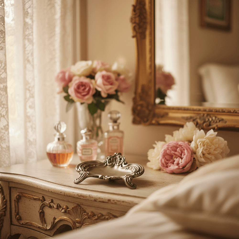 Antique Gold Baroque Jewelry Dish on an antique vanity in front of a mirror with flowers and perfume bottles