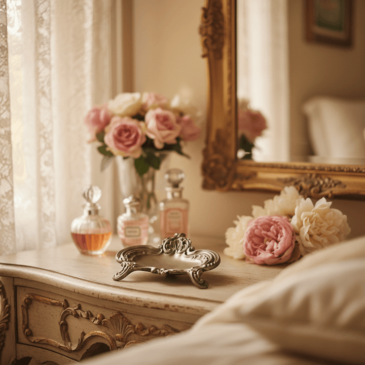 Antique Gold Baroque Jewelry Dish on an antique vanity in front of a mirror with flowers and perfume bottles
