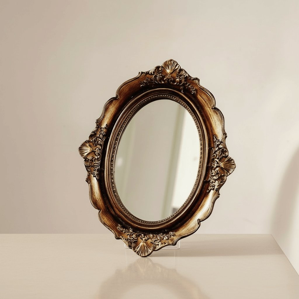 Decorative oval mirror with ornate gold frame on a plain background