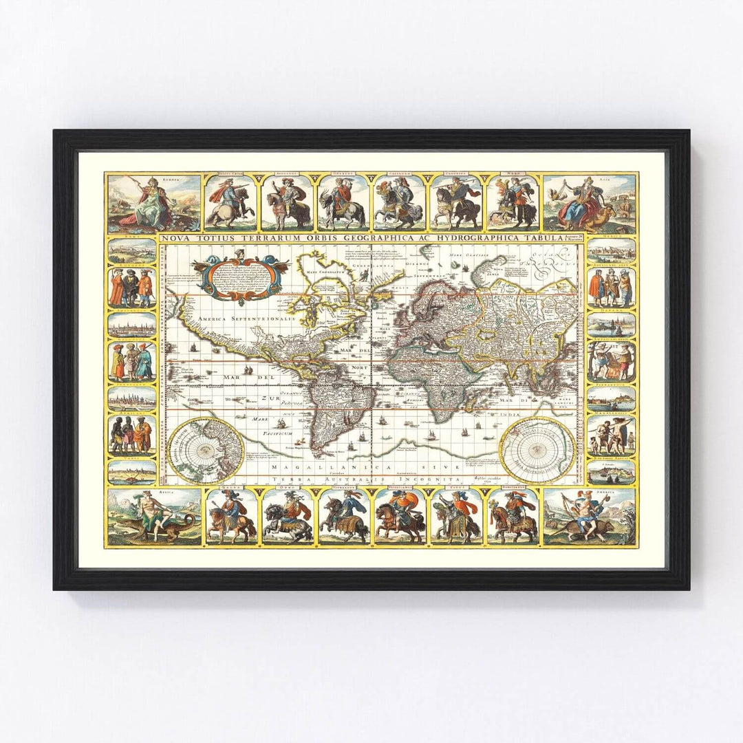 Framed world map with decorative borders on a white wall
