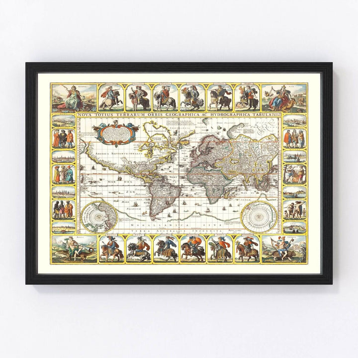 Framed world map with decorative borders on a white wall
