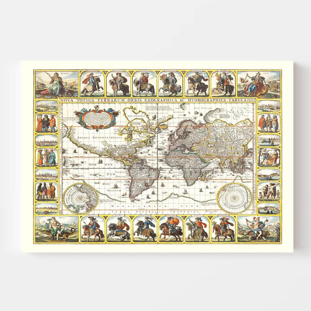 Vintage world map with decorative borders and illustrations on a white background