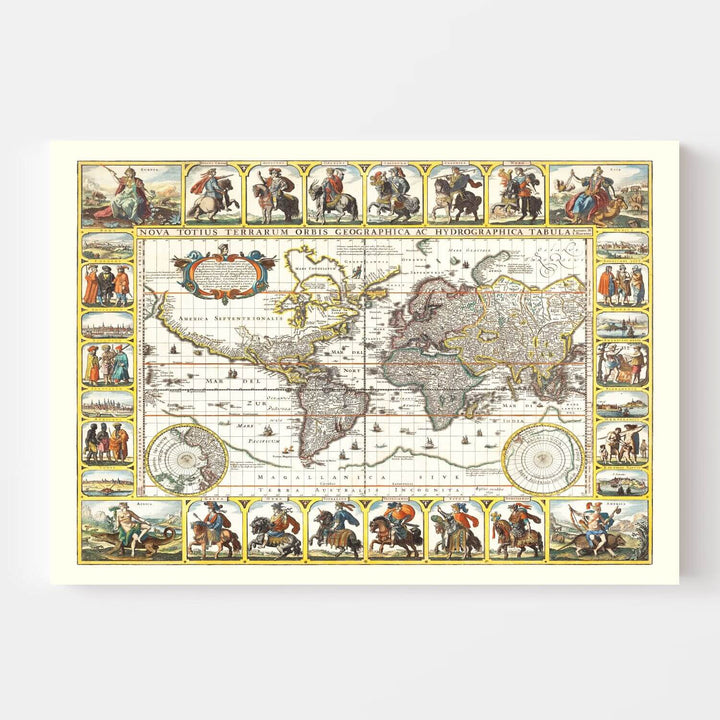 Vintage world map with decorative borders and illustrations on a white background