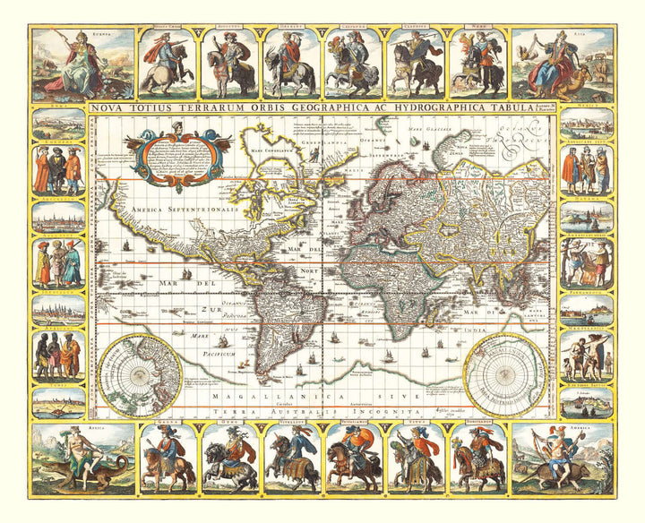 Vintage world map with illustrations around the edges