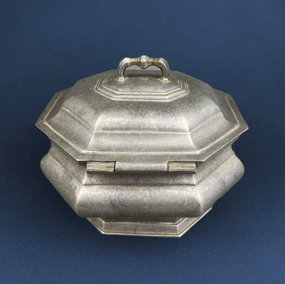 Antique Italian Pewter Box with Hinged Lid. Large Pewter Bowl Made in Italy. Trinket or Jewelry Box.