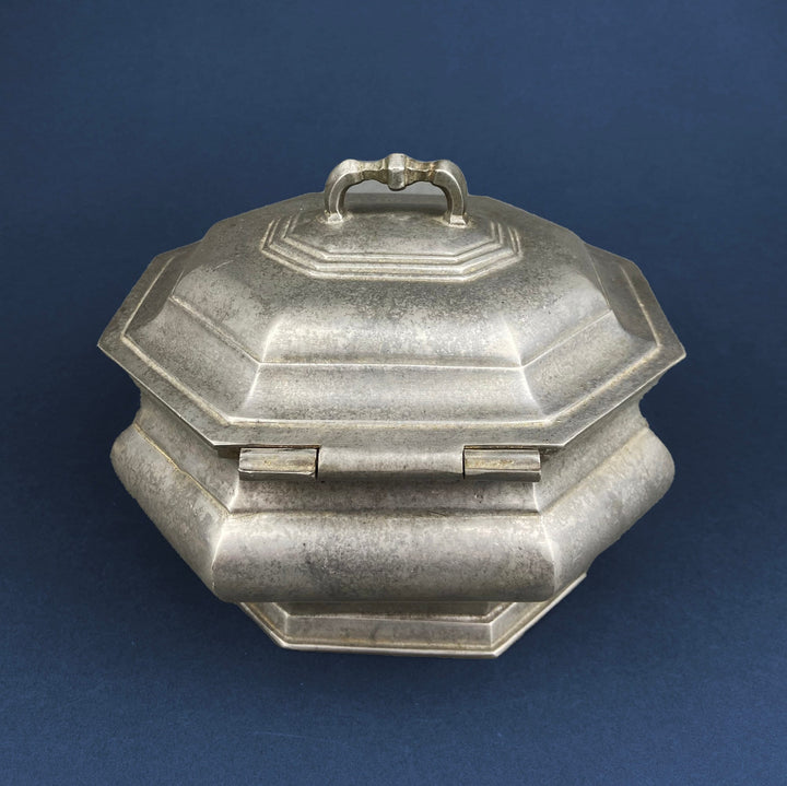Antique Italian Pewter Box with Hinged Lid. Large Pewter Bowl Made in Italy. Trinket or Jewelry Box.